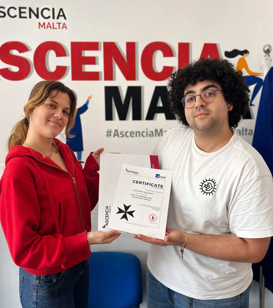 Hayrettin receives an English course completion certificate at Ascencia Malta, marking the start of his Higher Education journey