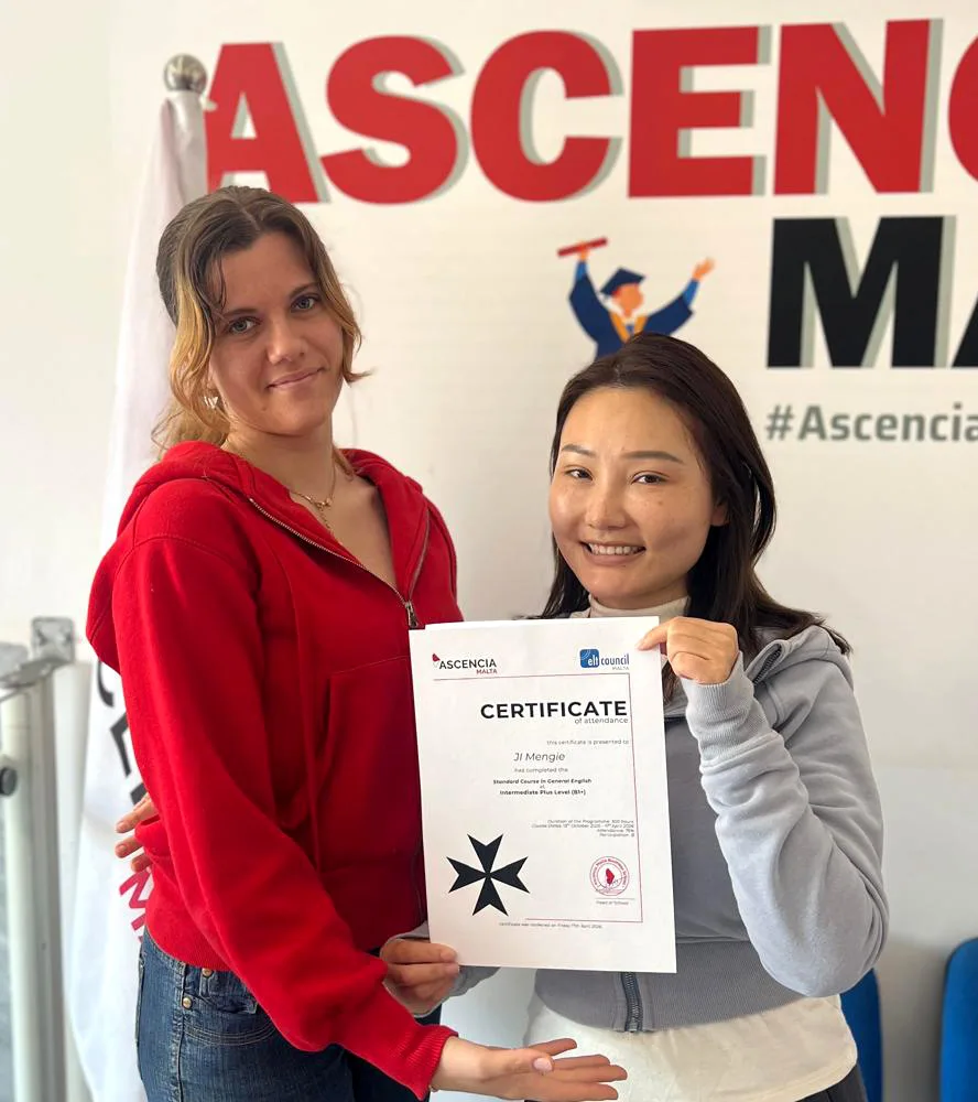 Mengije receives an English course completion certificate at Ascencia Malta, marking the start of her Higher Education journey