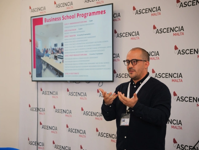 Presenter explaining Business School programmes at Ascencia Malta