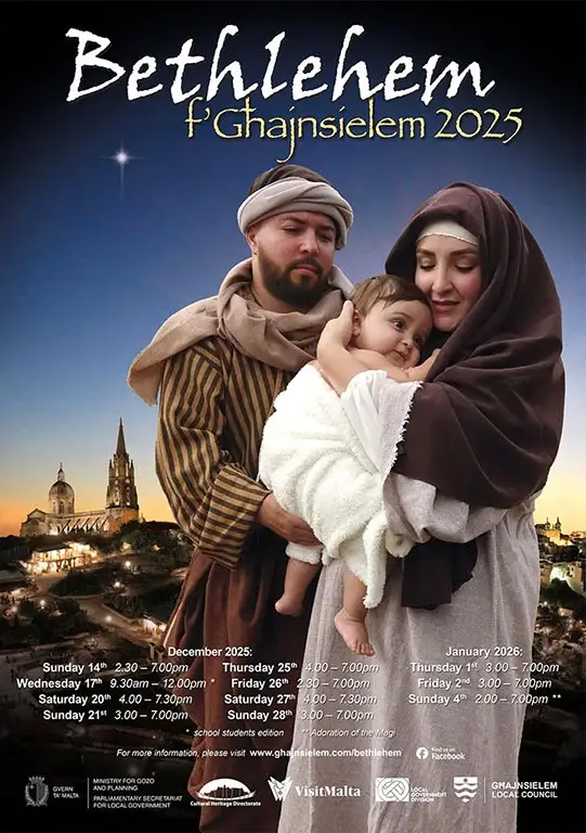 Bethlehem f’Għajnsielem 2025 nativity scene with Mary, Joseph, and baby Jesus