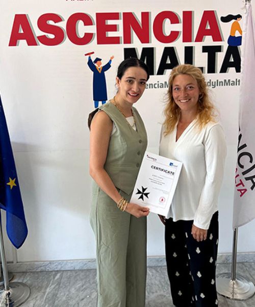Ascencia Malta student Ozlem Kirici awarded English language certificate, showcasing student success and academic achievement in Malta