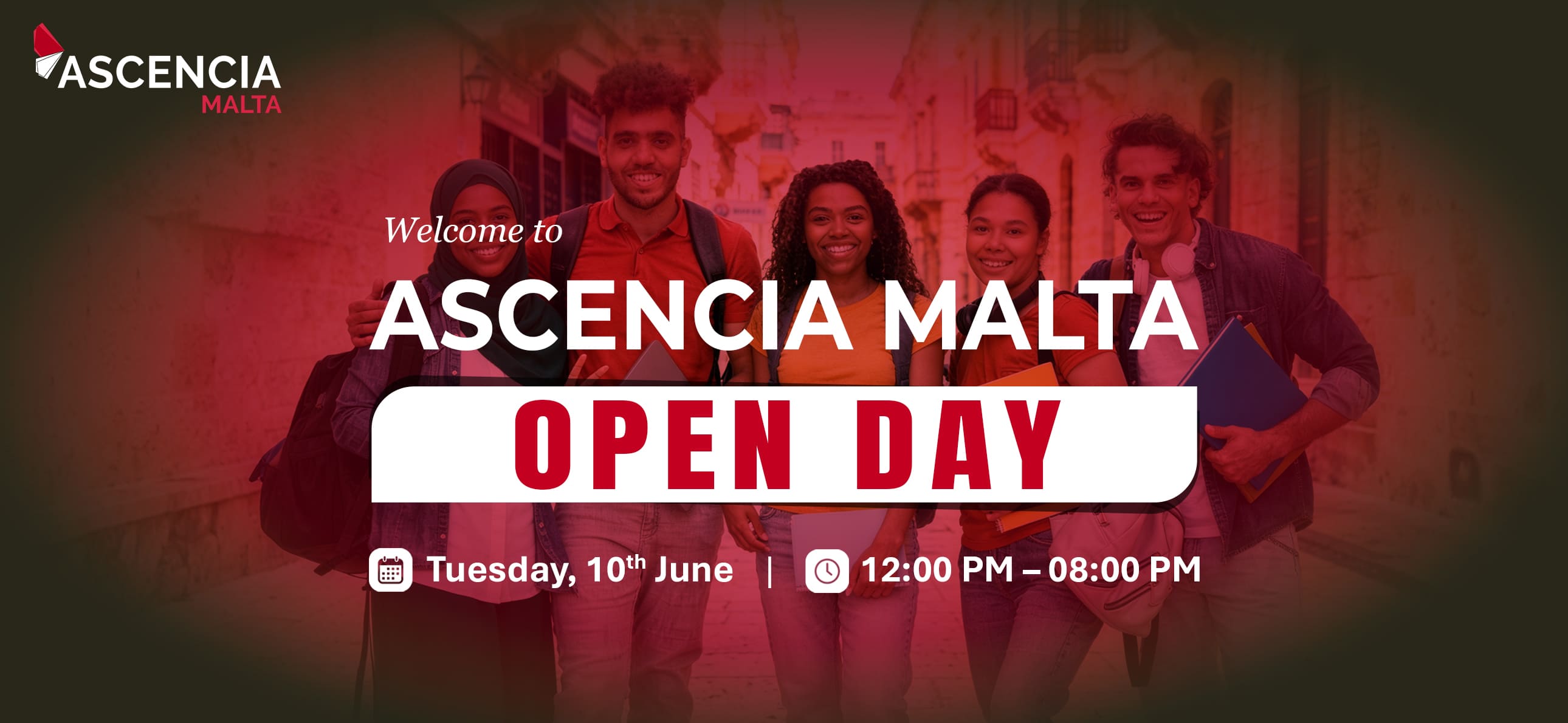 Ascencia Malta Open Day banner with students.