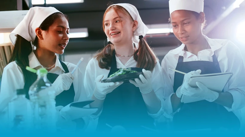 Ascencia Malta English for Specific Purposes Catering course with culinary students developing professional English skills in a kitchen environment.